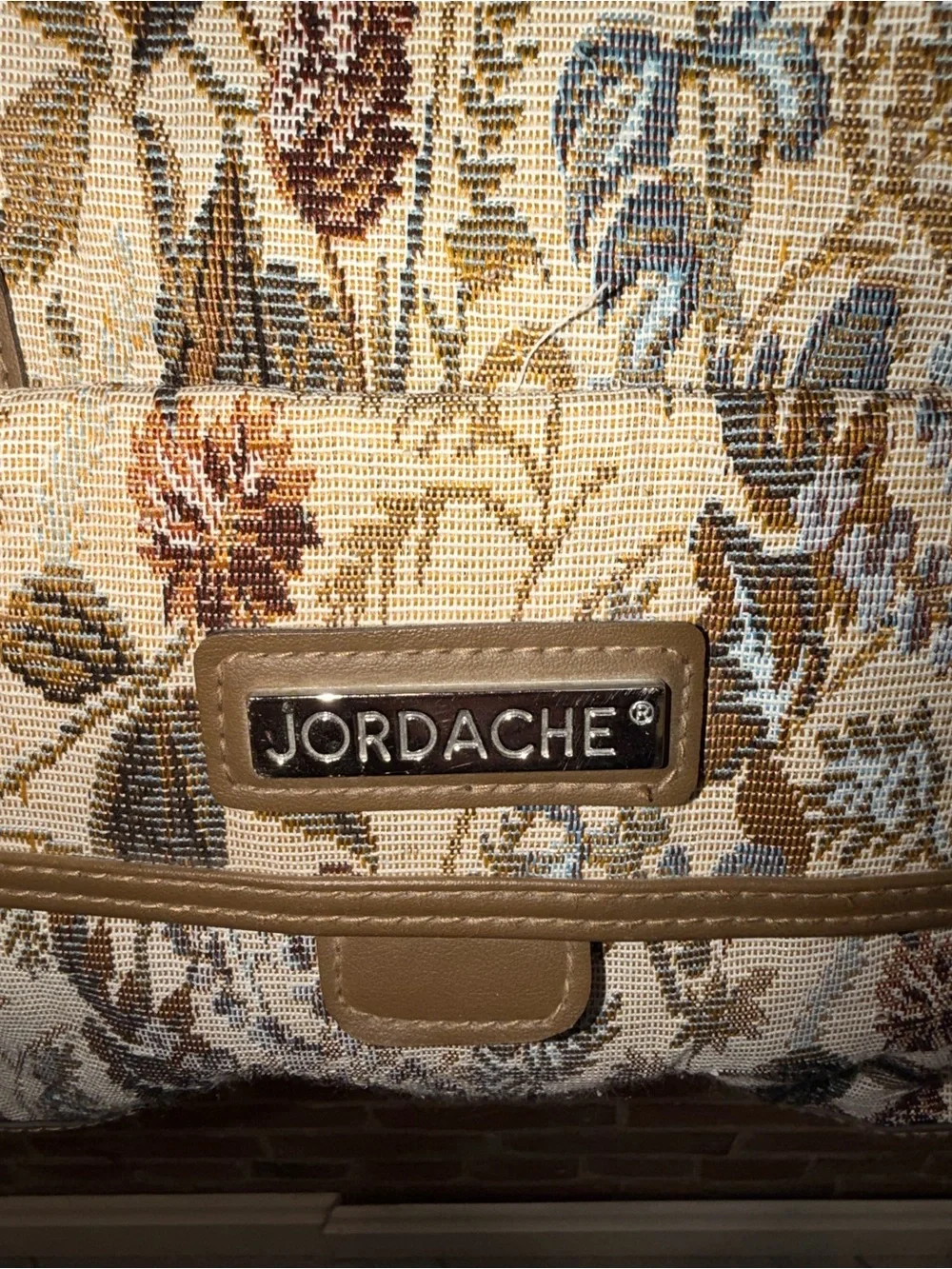 Jordache Floral Tapestry Satchel Handle Bag Shoulder Strap Olive Brown Trim